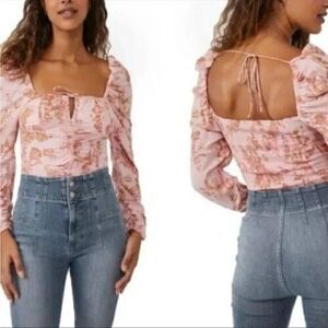 Free People‎ Hilary Printed Blouse Top Women's Pink Combo Square-Neck Floral